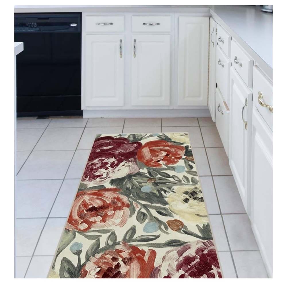 RUGGABLE Floral Runner - Stain Resistant Washable Camellia Currant 2.5 x 10